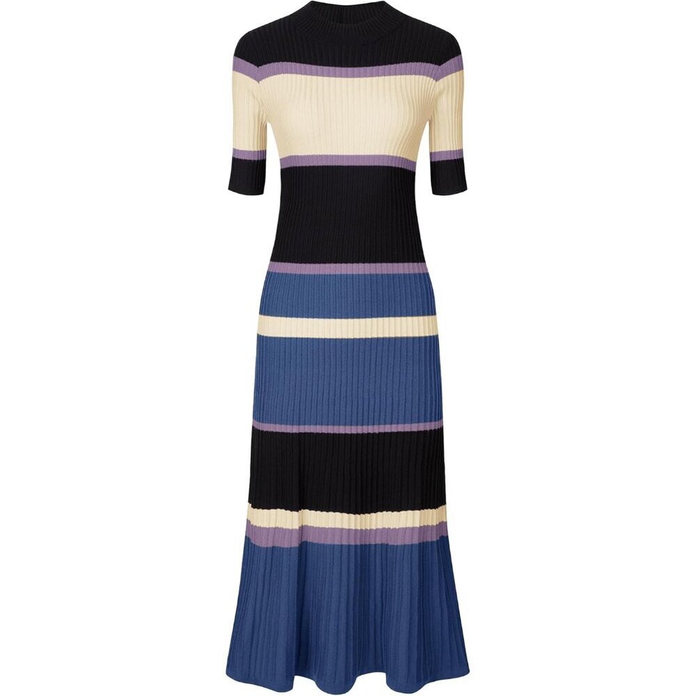 Women's Knit Striped Midi Dress Short Sleeve Ribbed Sweater Formal Casual